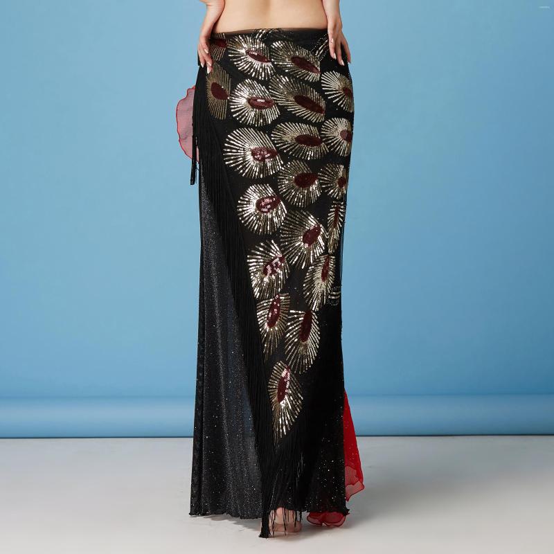 

Stage Wear Women Performance Belt Belly Dance Clothes Black Mesh Base Long Fringes Sequins Tribal Hip Scarf Peafowl Design Wrap Skirt, Blue