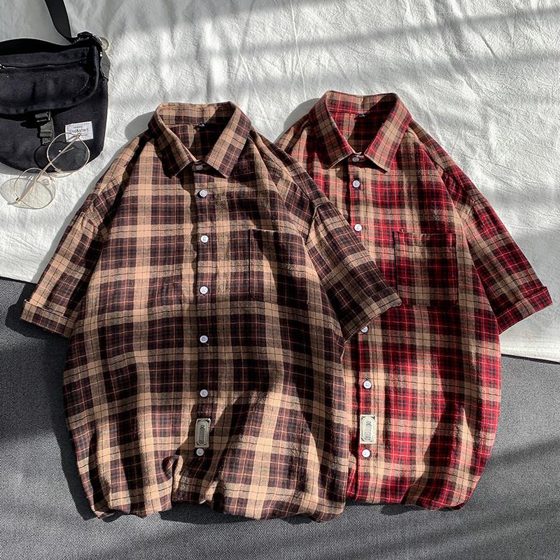 

Men's Casual Shirts Men Plaid Shirt Short Sleeve 2023 Summer High Quality Harajuku Classic Tops Fashion Korean Clothing Trend All-match Male, Red