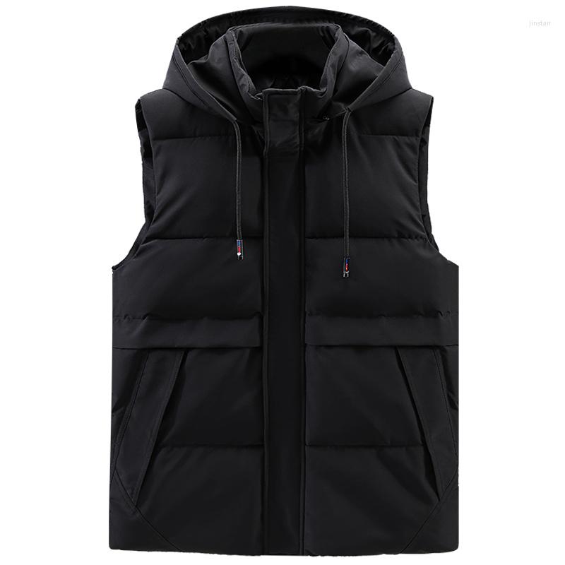 

Men's Vests Winter Thick Autumn Vest Men's 2023 Brand Hooded Black Sleeveless Jackets Men Clothes Hat Detachable Warm Cotton Waistcoat, Beige