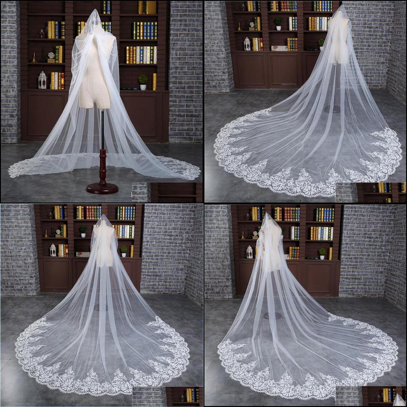 

Bridal Veils One Layer Cathedral Length Wedding Veils 3 Meters Long Ivory Lace Bridal Veil With Comb Accessories Applique Drop Deliv Dhydt