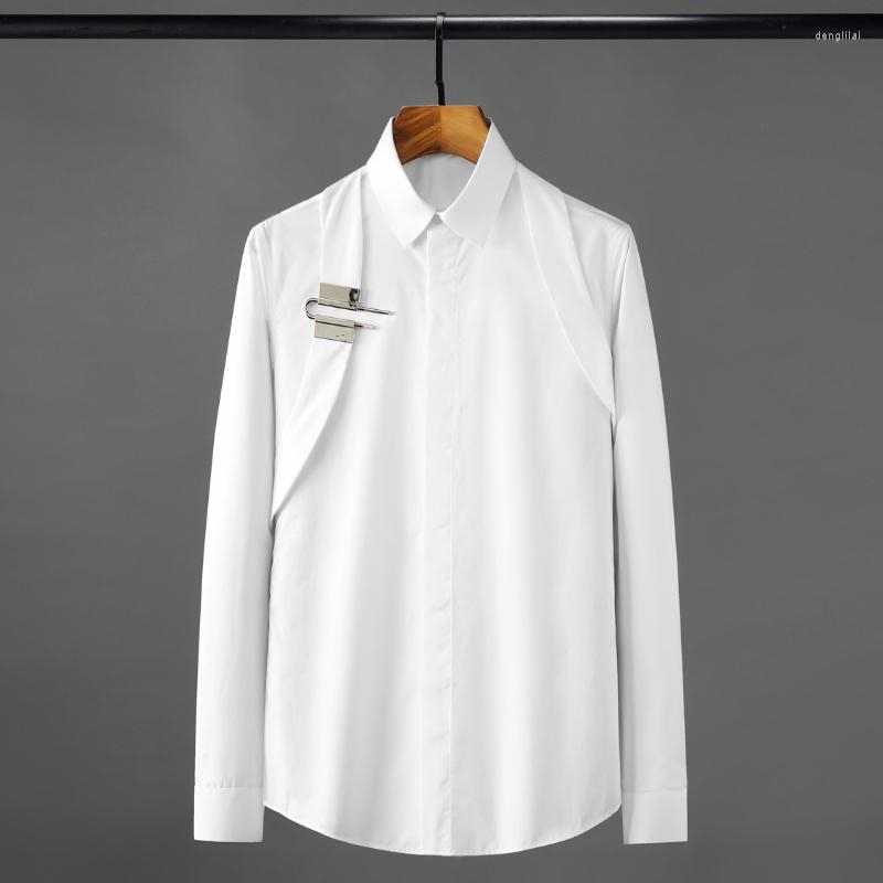 

Men's Casual Shirts Cotton Metal Lock Men's Luxury Long Sleeve Solid Color Shirt Dress Male Fashion Slim Fit Party Man, White