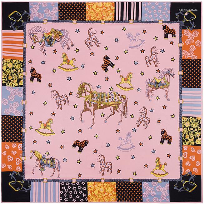 

Scarves 130 130cm Women Twill Silk Square Scarf Cartoon Horse Print Designer Luxury High Quality Lady Shawl Hijab Large