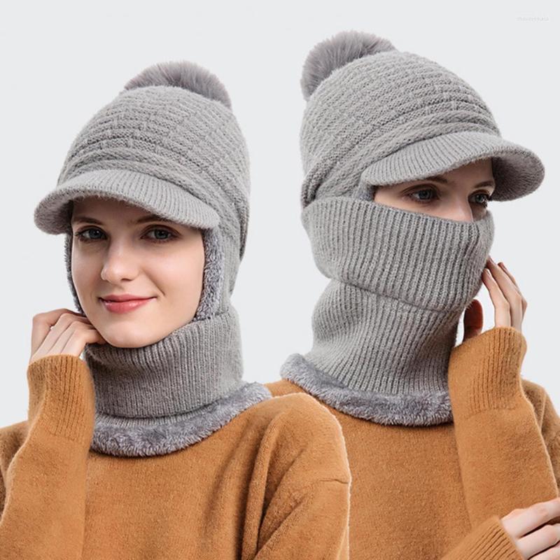 

Visors Women Hat Ultra-Thick Solid Color Fur Pom-Pom Stretchy Windproof Keep Warm Yarn One-piece Ear Knitted With Neck Wrap, Pink