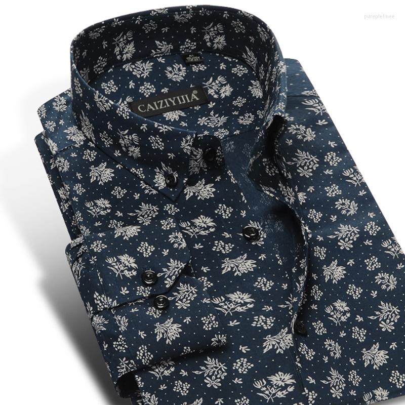 

Men's Casual Shirts Men's Traveling Floral Printed Cotton Pocketless Comfortable Long Sleeve Standard-fit Button-down Fashion Shirt, Navy blue