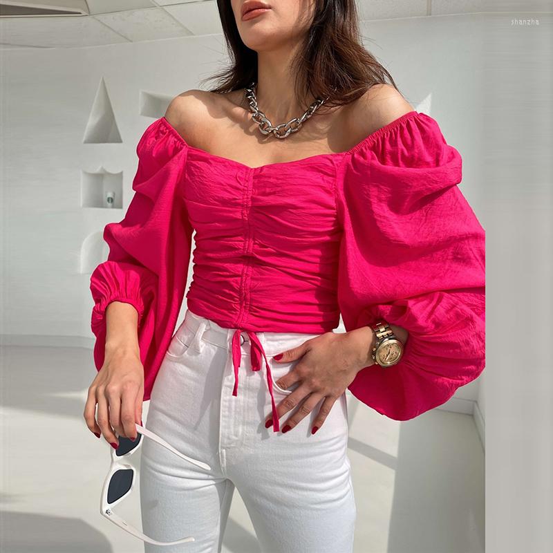 

Women' Blouses Women Elegant Slash Neck Drawstring Lace-up Blouse Fashion Solid Off Shoulder Pleated Tops Ladies Autumn Lantern Sleeve, 05 orange