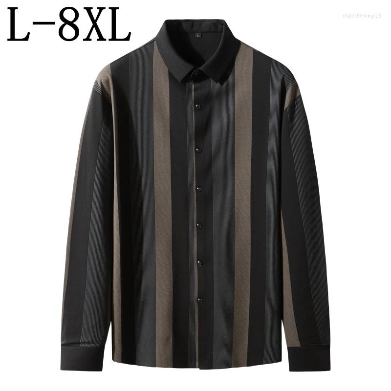 

Men's Casual Shirts 6XL 8XL 7XL 2023 Autumn For Men Long Sleeve Loose Striped Men's Shirt Top Quality Business Chemise Homme Tops, Black