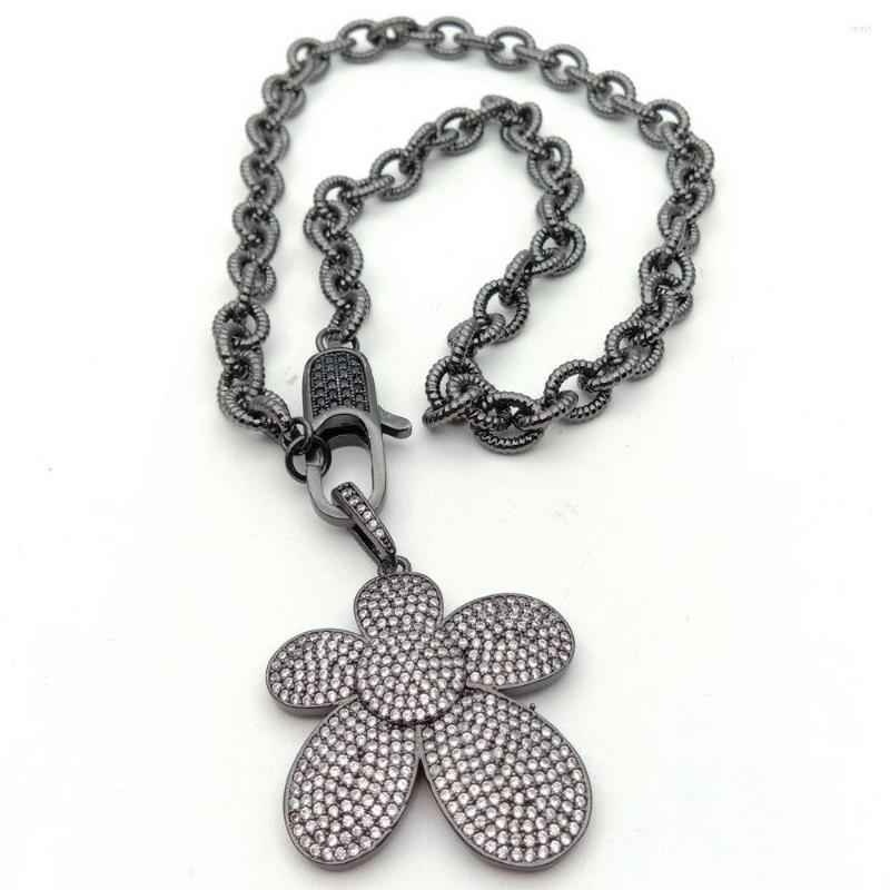 

Pendant Necklaces 17'' Gunmetal Color Plated O- Chain Necklace 32x33MM Cubic Zirconia Pave Flower Charm For Women Jewelry Gifts