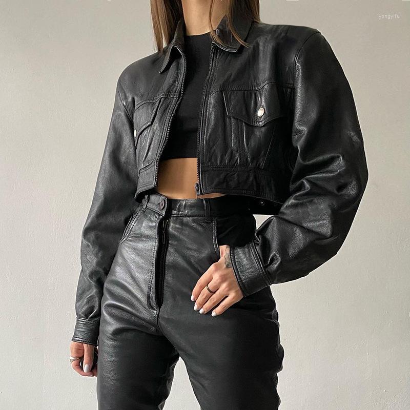

Women' Jackets Harajuku Zip Up Black Y2K PU Leather Crop Jacket Coat Women Autumn Streetwear Loose Lapel Long Sleeve Outerwear Korean