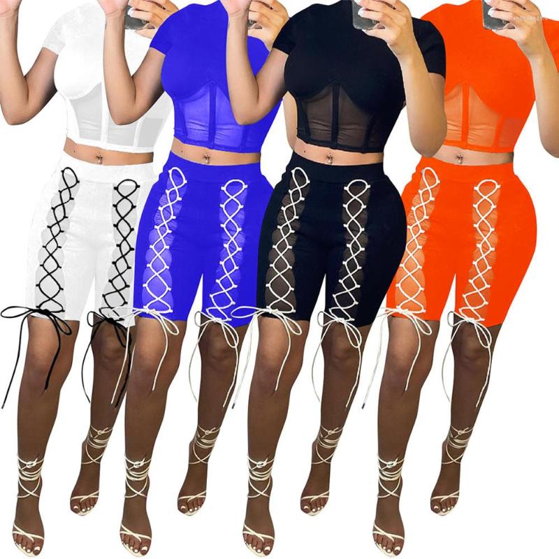 

Women' Tracksuits 2022Sheer Mesh See Through Bandage 2 Piece Club Outfits For Women Short Sleeve Waist Shaped Crop Top And Lace Up Midi, Black