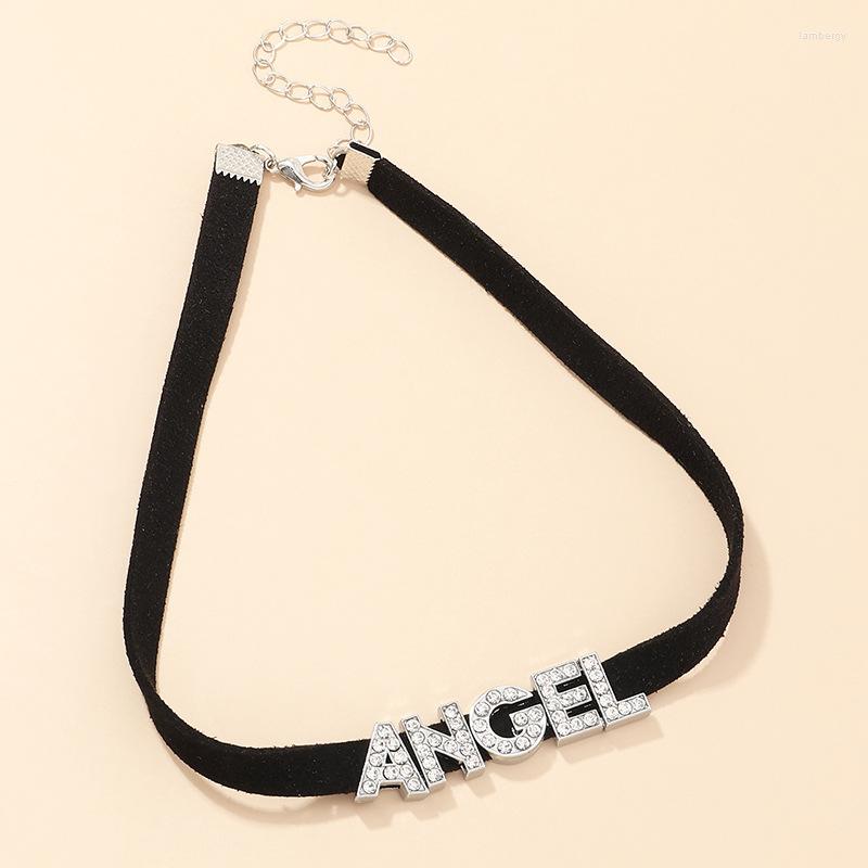 

Choker Velvet Letter Crystal Angel Necklace Women Short Collar Clavicle Chain Jewelry Couple Gift Femme Punk Collier Drop Ship
