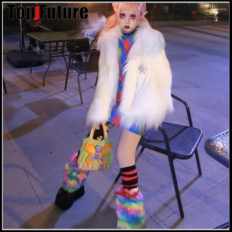 

Women's Fur Harajuku Punk Gothic Lolita Y2K Girl Furry Pad Jacket Bling Chain Women's Design, White