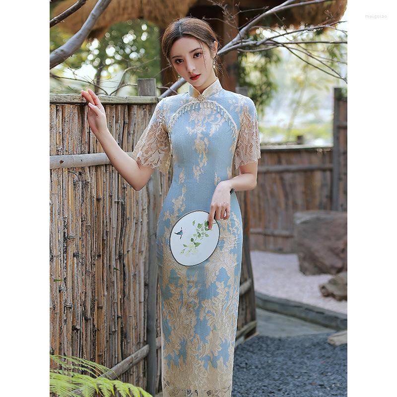 

Ethnic Clothing Bone Etched Cheongsam 2022 Spring Youth Retro Improved Chinese Style Women's Blue Lace Dress
