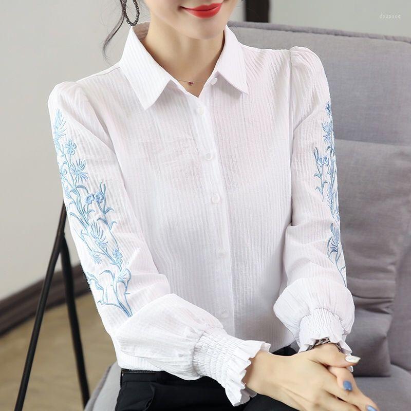 

Women' Blouses 2023 Spring And Autumn Embroidery Long Blouse Women Sleeve Art Loose Ladies Office Work Tops Button Down Shirts L148, Sky blue