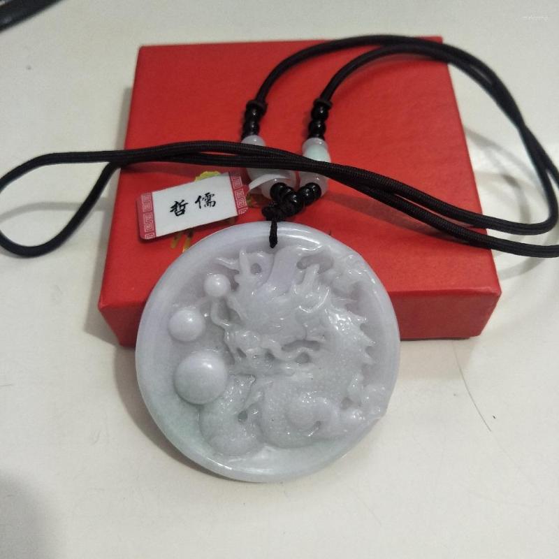 

Pendant Necklaces Factory Price Natural Stone Carving Light Green Dragon With Hand-woven Brown Rope Necklace For Men And Women