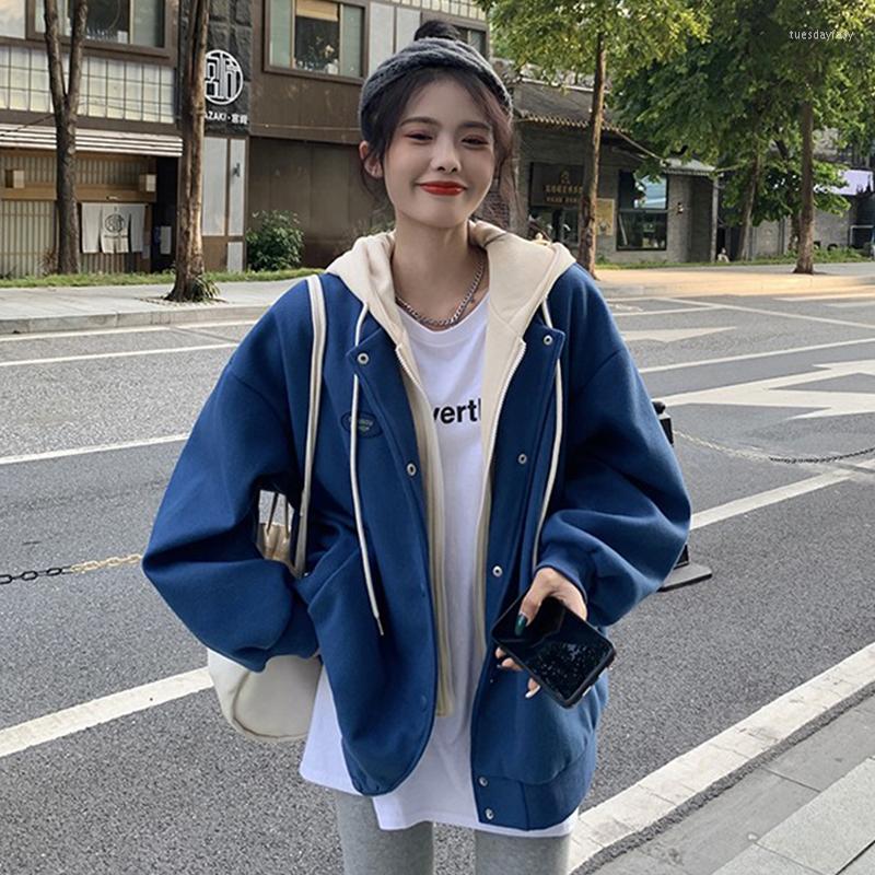 

Women' Jackets Fall Winter Women Tweed Hooded Fashion Solid Patchwork Fake Two-Piece Bf Trend Streetwear All-Matching Female Short Coat, Black