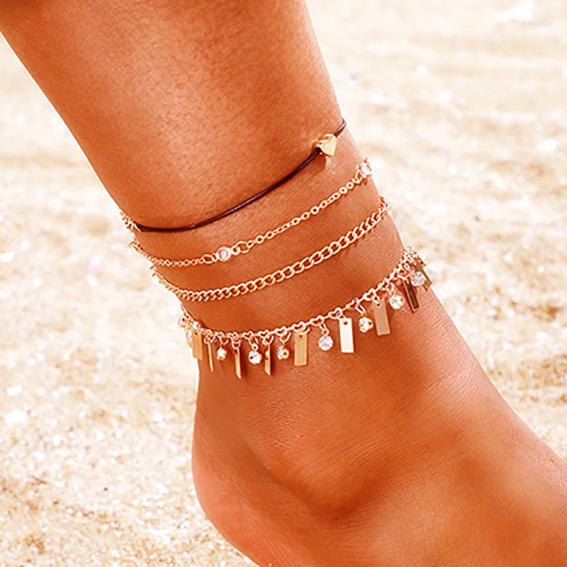 

Anklets ZHINI Bohemia Crystal Multi Layer Leg Bracelet 4pcs/set Fashion Gold Heart Pendant Ankle For Women Jewelry Tobillera