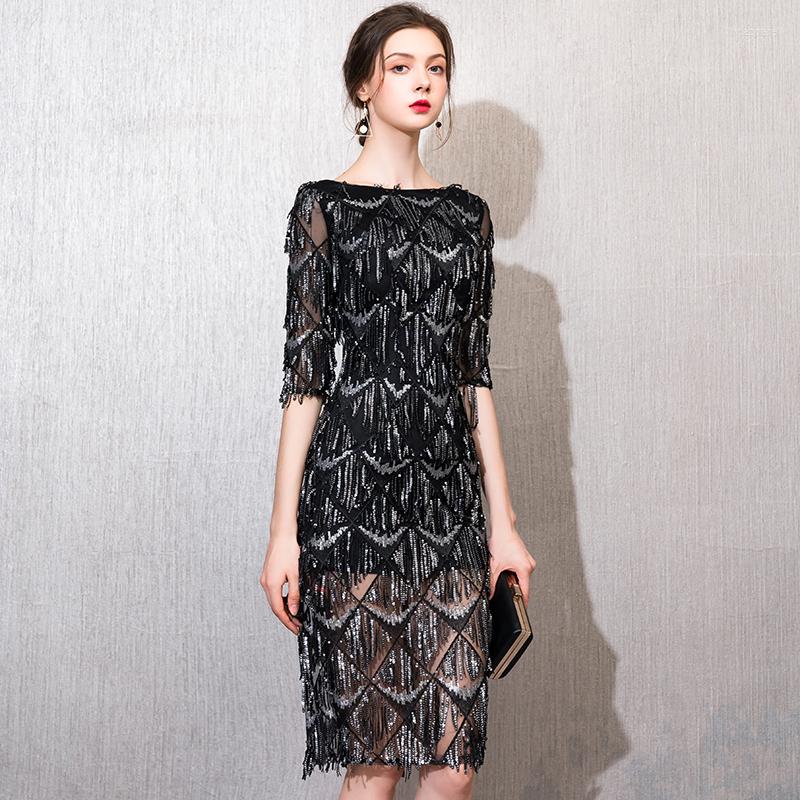

Party Dresses Weiyin 2022 Black O-neck Half Sleeves Evening Dress Straight Sequin Elegant Women's Formal Prom