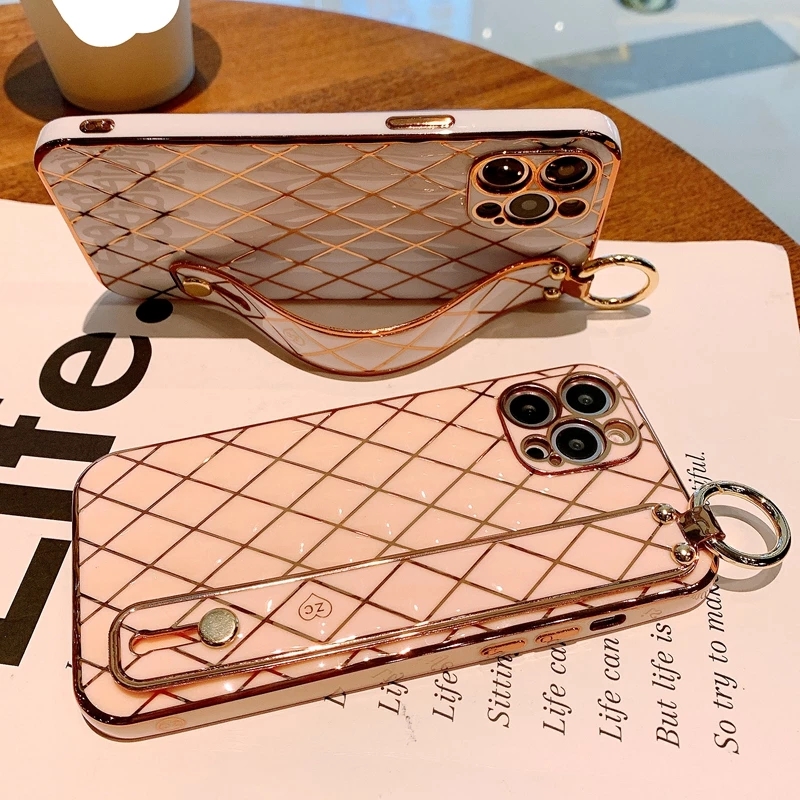 

Luxury cases Wrist Strap Electroplated Phone Case For iPhone 12 11 13 14 Pro Max XR XS Max X 7 8 Plus SE Mini Soft Shockproof Cover