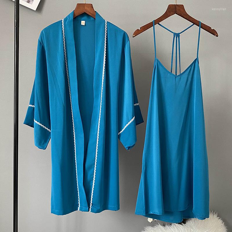 

Women's Sleepwear Summer Women Robe Set Blue Satin Kimono Gown Lace Trim 2PCS Female Nighty&Robe Casual Bathrobe, Pink