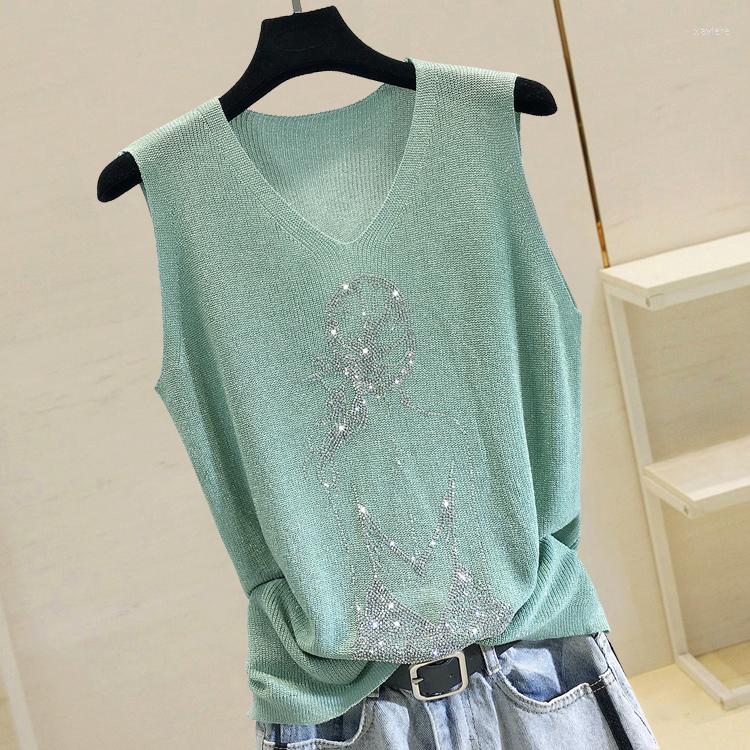 

Women's T Shirts Summer Thin Bright Silk Knitted Shirt For Women Fashion Back Rhinestones Sleeveless T-shirt Outwear Lady's Tops Tshirt, Black
