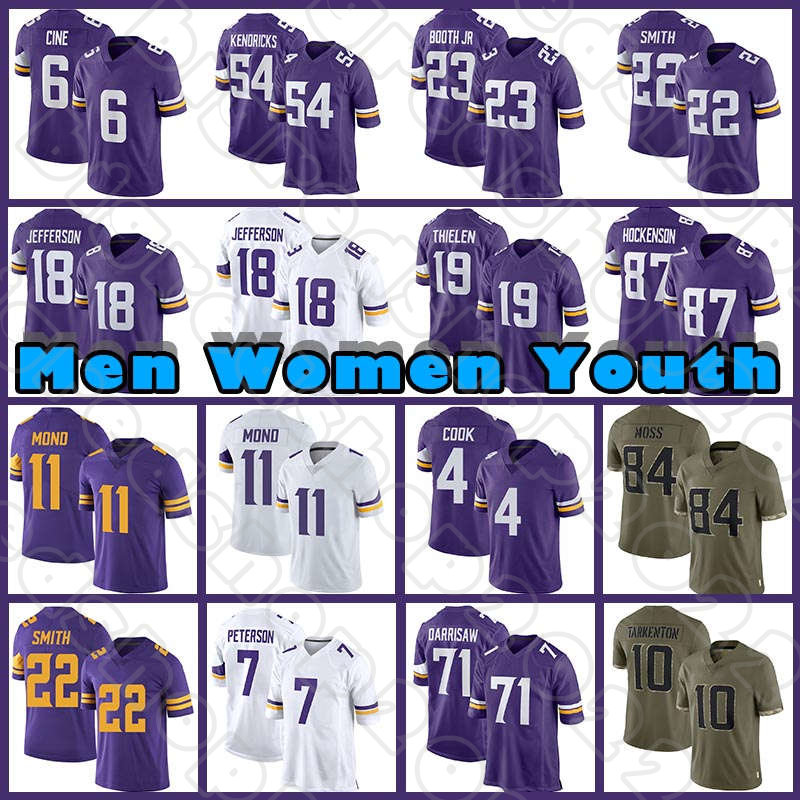 

Justin Jefferson Adam Thielen Football Dalvin Cook Jersey Kirk Cousins Randy Moss T.J. Hockenson Minnesota Vikings Lewis Cine Andrew Booth Jr Harrison Smith Hunter, Custom youth(w j r)