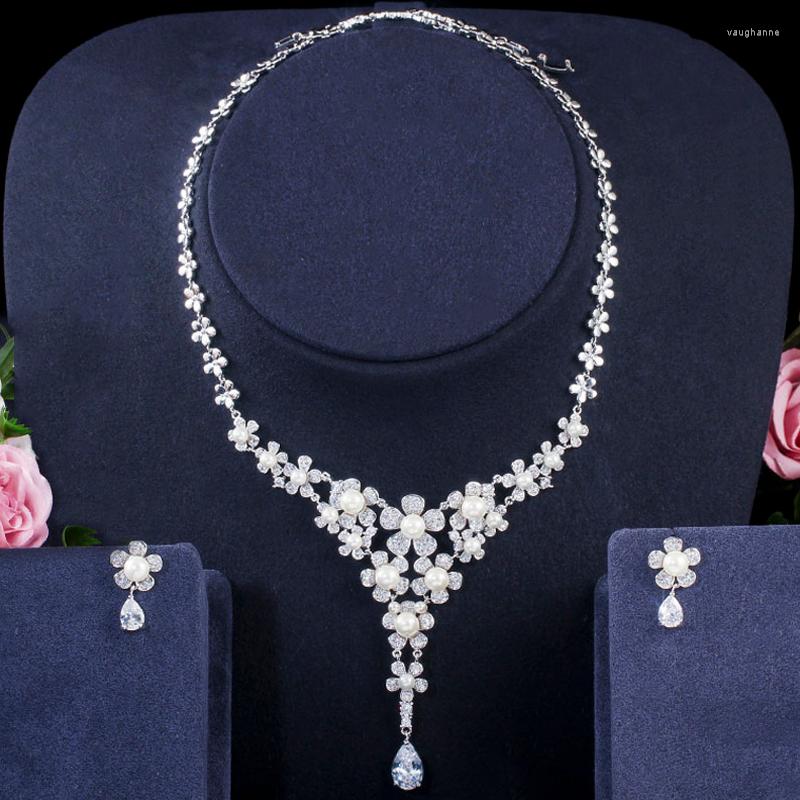 

Necklace Earrings Set ThreeGraces Elegant Shiny Cubic Zirconia Long Flower Shape Simulated Pearl Bridal Jewelry For Brides JS619, Picture shown