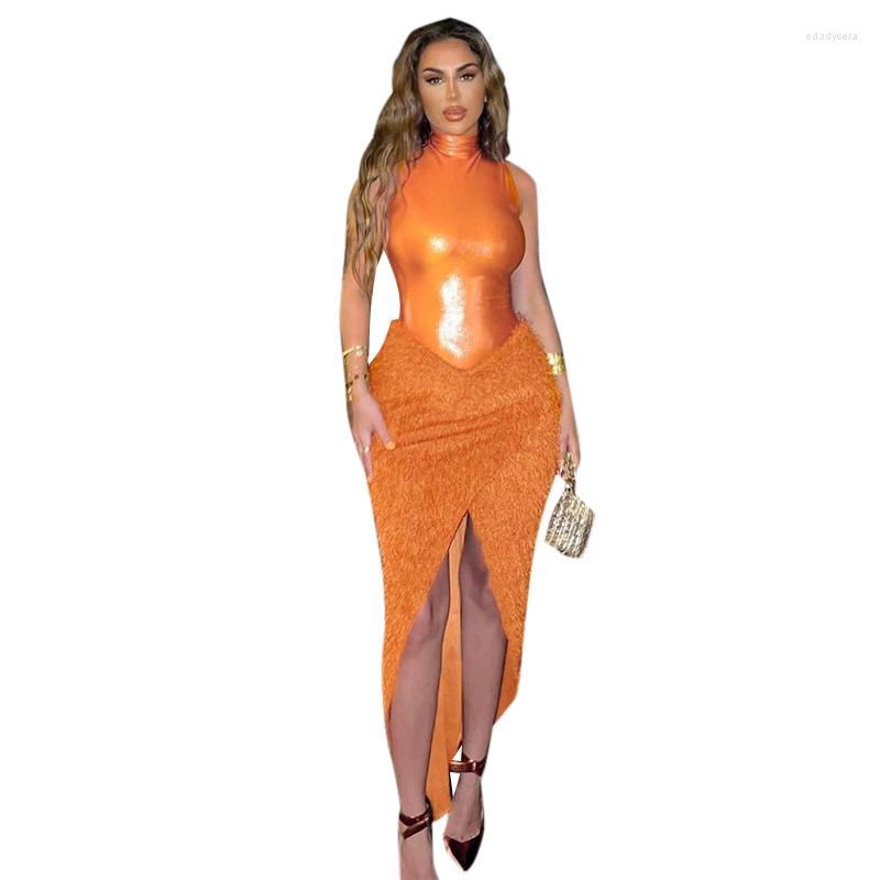 

Work Dresses Bright Silk Asymmetrical For Women Sleeveless Vestidos Largos Sexy Club Wear Feathers Two Piece Set Side Split Maxi Slim, Orange