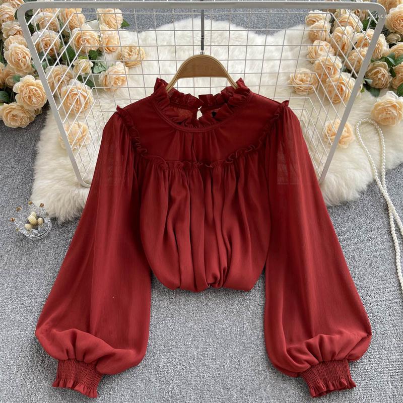 

Women' Blouses Hikigawa Chic Fashion Women Tops Vintage Elegant Red O Neck Ruffled Long Sleeve Casual Shirts Solid Loose Blouse Top Mujer
