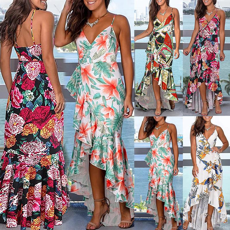 

Casual Dresses Rocwickline Summer And Autumn Women' Dress Trumpet / Mermaid Ruffles Sexy & Club Print V-Neck Spaghetti Strap Floral, Green