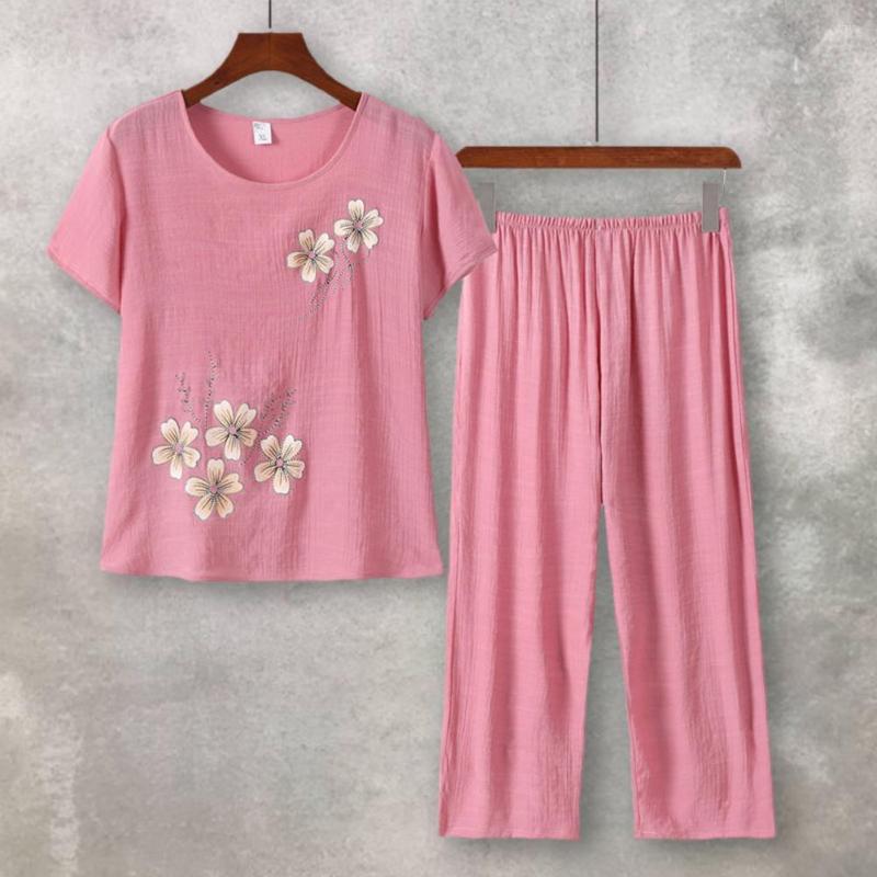 

Women's Two Piece Pants 2 Pcs/Set Stylish Women Top Set O Neck Loose Summer Elastic Waists Pajamas, Pink