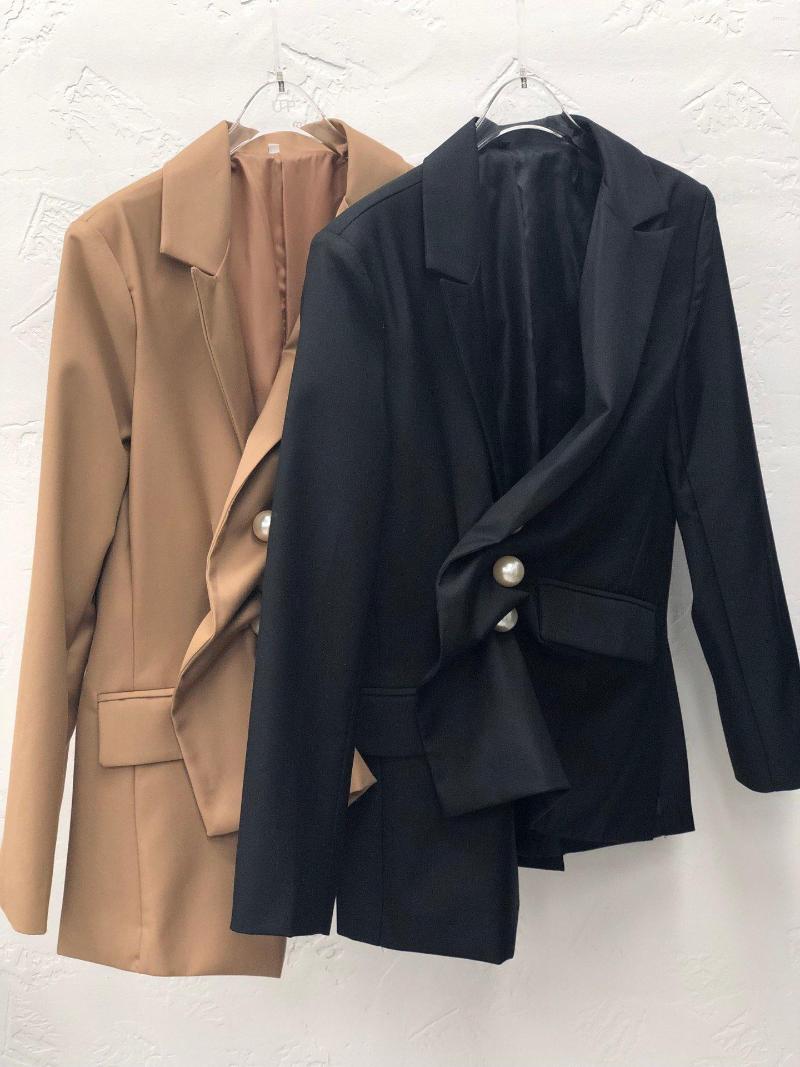 

Women' Suits High Ladies 2023 Quality Fashion Long Sleeve Lapel Pearl Button Pleated Asymmetric Suit Jacket 0914, Black
