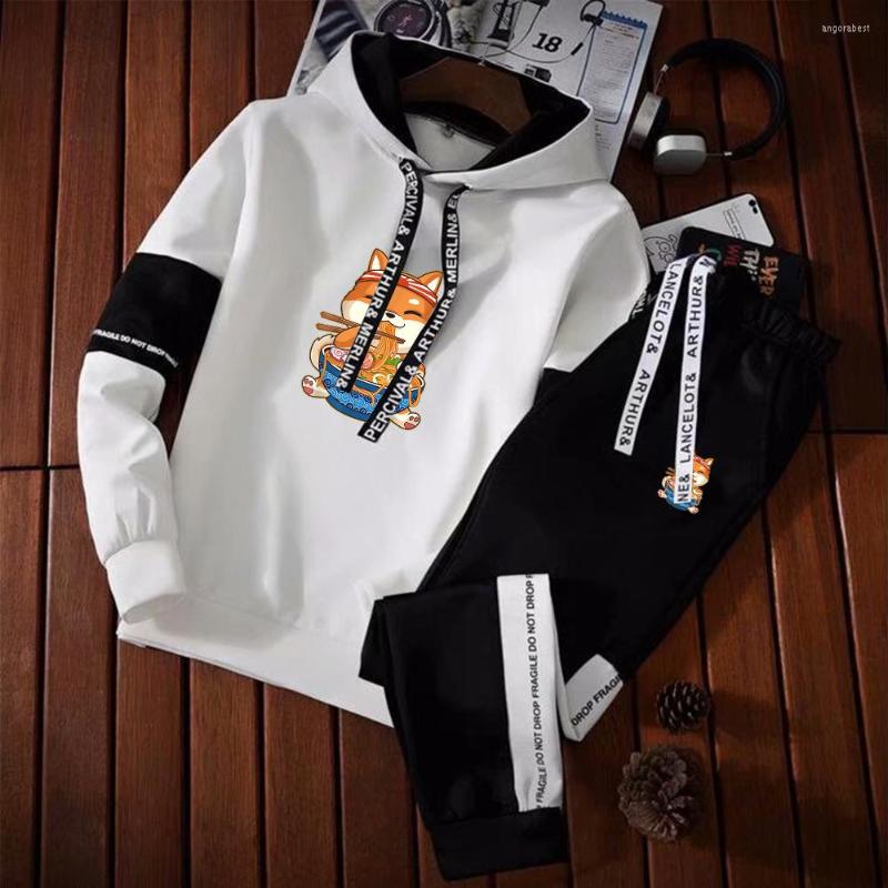 

Men' Tracksuits Men Fleece Dog Prind Hoodies Set Tracksuit Sweatshirt Sweatpants Male Casual Jogging Gym Sport Streetwear Cloth Winter, White set