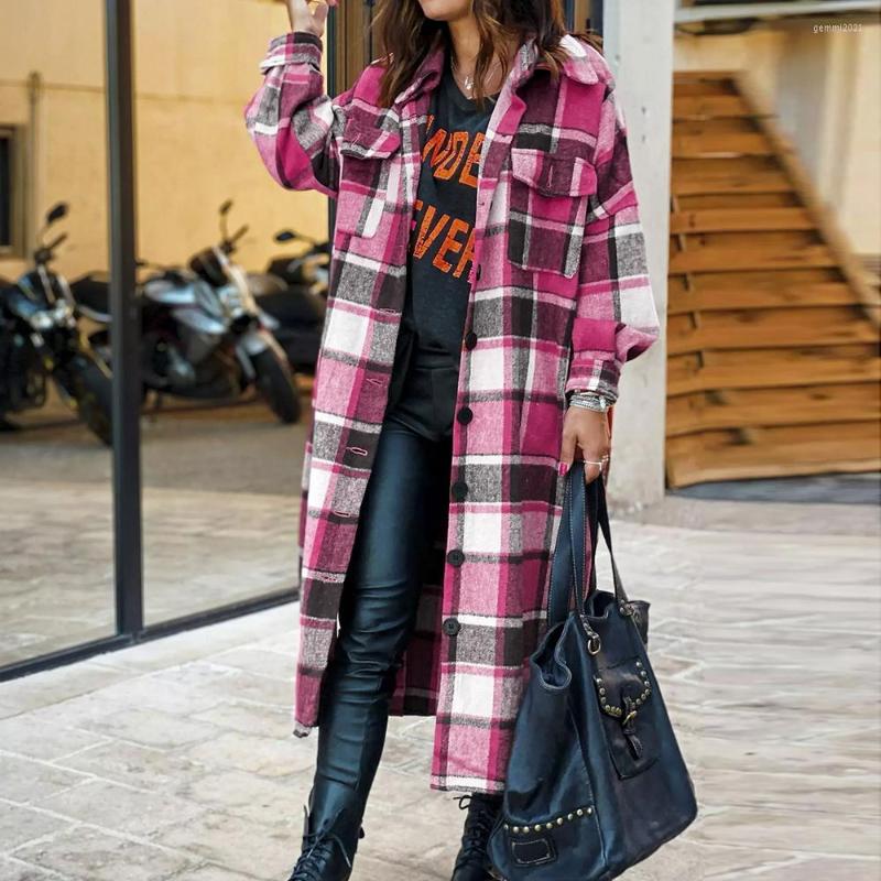 

Women' Wool Fashion Long Plaid Coat 2022 Spring Shirt Overcoat Streetwear Women Clothing Loose Oversized Female Casual Jacket, Brown