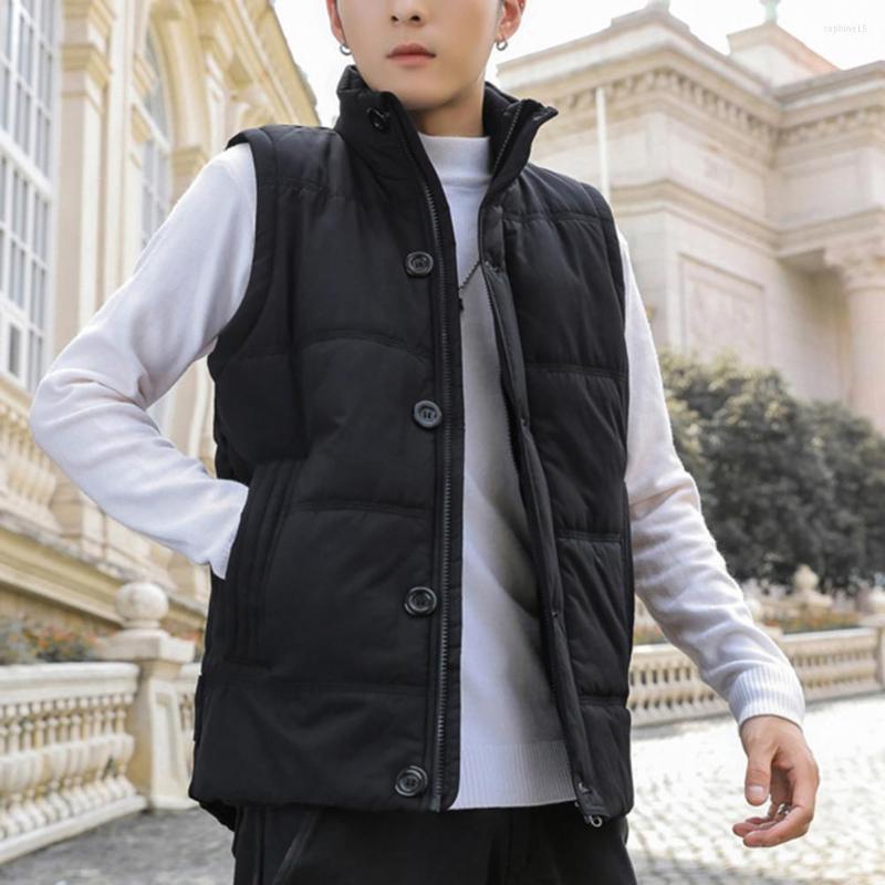 

Men's Vests Autumn Winter Men Vest Cotton Padded Stand Collar Solid Color Cold Proof Boys Teenagers Coat Waistcoat Streetwear, Black