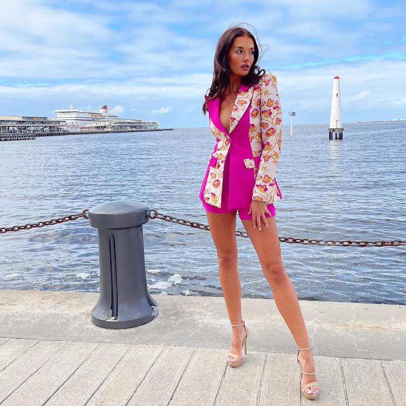 

Women' Tracksuits 2022 Est Autumn Style Woemn Long Sleeve Print Coat Shorts Set Fashion Runway High Street Women' Top Quality, Rose red