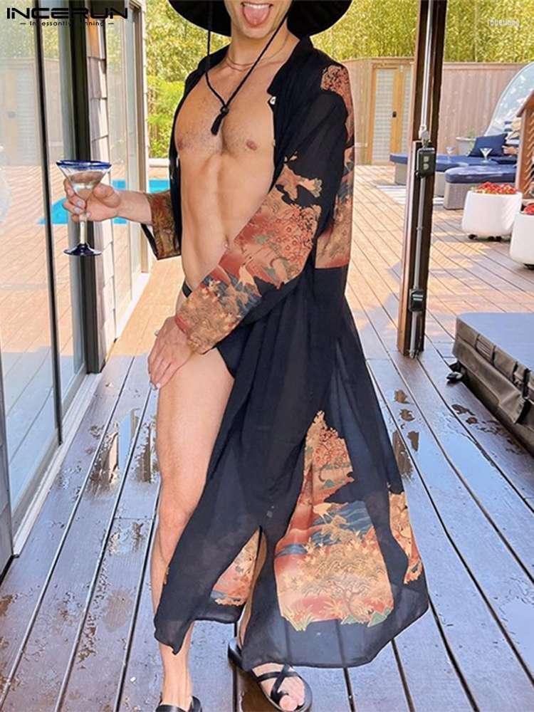 

Men' Casual Shirts Men' American Style Men Printing Chiffon See-through Blouse Vacation Long Crdigan Thin -5XL INCERUN Tops 2022, Black