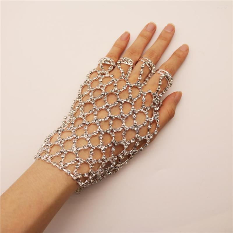 

Link Bracelets Fashion Bride Shiny Rhinestone Mesh Connecting Finger Bracelet For Women Hollow Out Crystal Hand Chain With Ring Festival