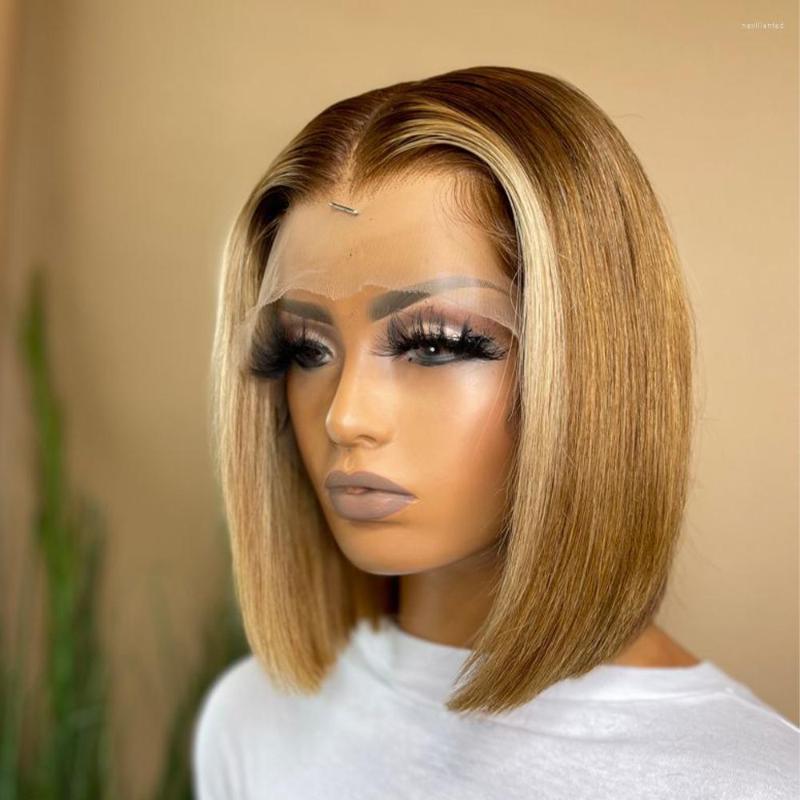 

Highlight Bob Wig Human Hair Wigs For Women Brazilian 13x1 T Part Honey Blonde Ombre Colored Straight Lace Front, Picture shown