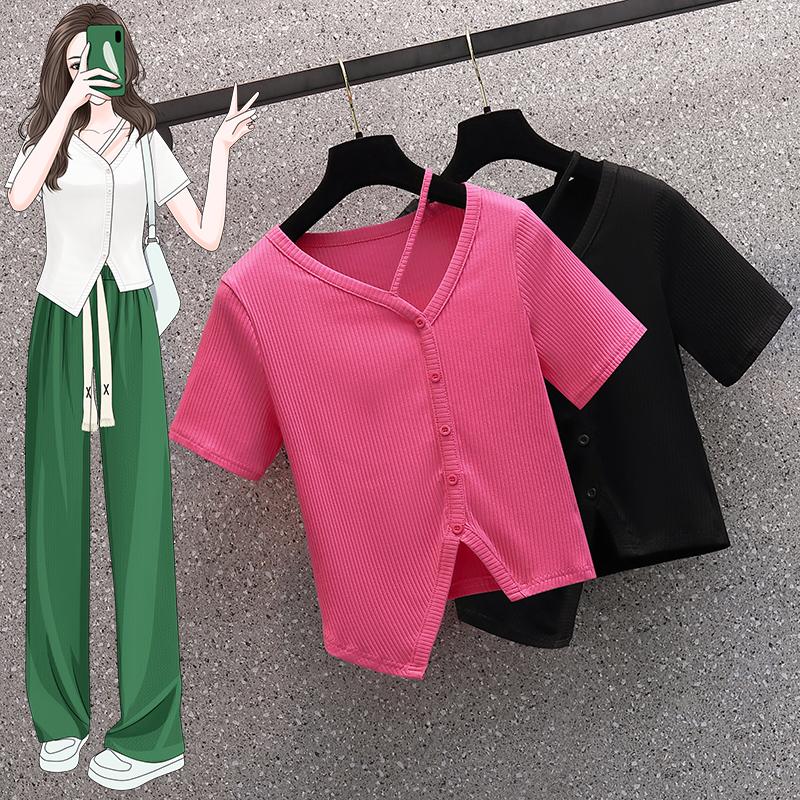 

Women's T Shirts Halter V Neck Short-Sleeved T-shirts Female Summer Buttons Slim Cropped Shirt Crop Top Woman Clothing M-4XL, Black