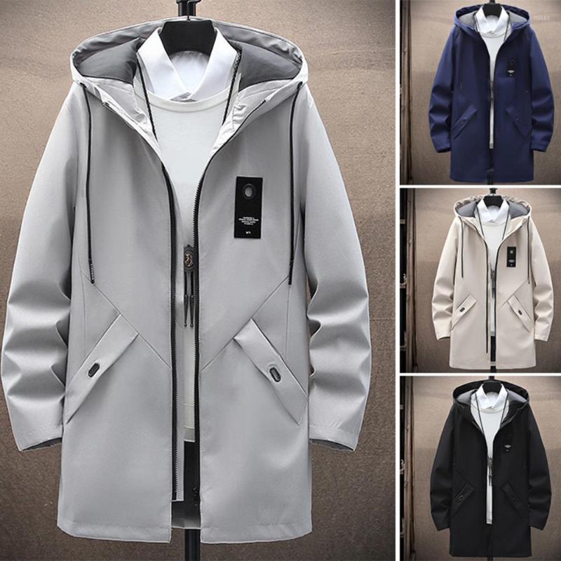 

Men's Jackets Spring Autumn Men Windbreaker Solid Color Drawstring Overcoat Loose Hooded Long Jacket Outwear Streetwear For Daily Wear, Black