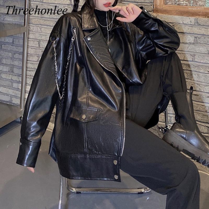

Women' Leather Japanese Fashion Women Jacket Chic Streetwear Long Sleeve Coat Outerwear Korean High Street Black Loose Top, Black leather jacket