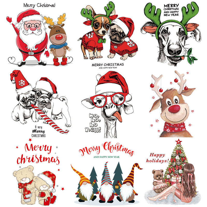 

Notions Iron on Transfers Patch Christmas Heat Transfer Stickers for Clothing Jackets Pillow Backpacks Clothes Decorations Appliques with Santa Claus Snowman