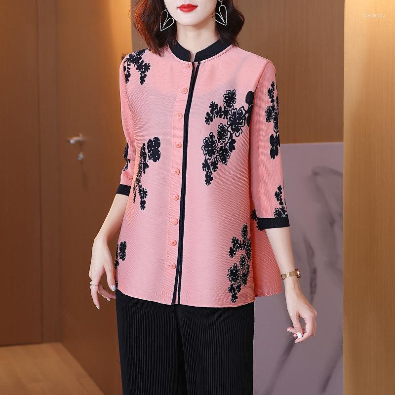 

Women's Blouses Tops Women 2022 Stretch Loose Miyake Pleated Autumn Printed Three Quarter Sleeve Single Breasted For Female 45-75kg, Green tops