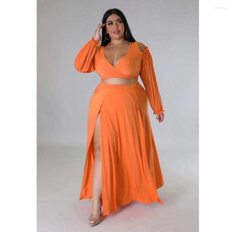 

Tracksuits Plus Size Women 4xl Sets Off Shoulder Tops And Split Skirts 2022 Autumn Fashion Two Piece Lady Luxury Wholesale Clothes, Orange