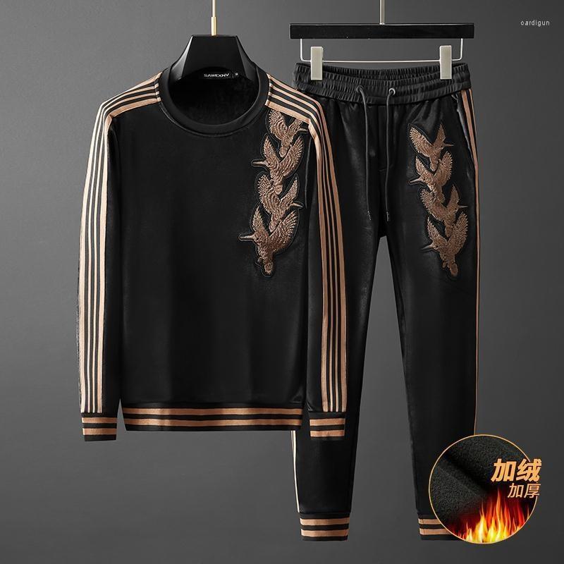 

Men's Tracksuits High End Gold Velvet Sweater Set Men 2023 Style Personalized Embroidery Plush Leisure Sports, Neck with velvet