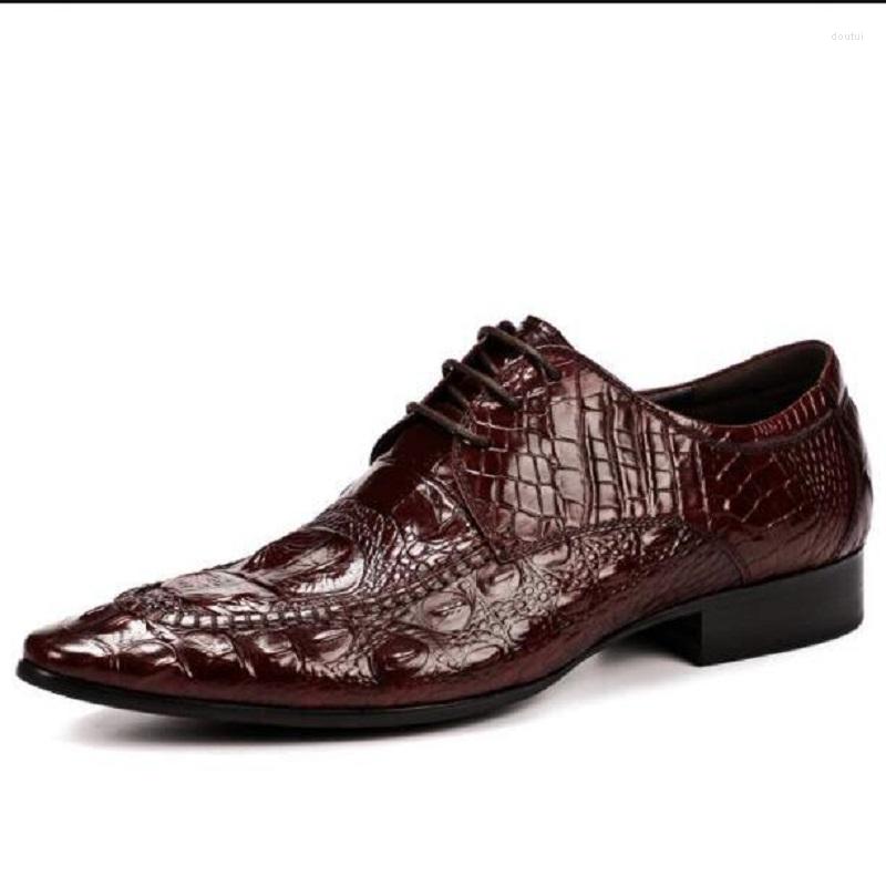 

Dress Shoes Vintage British Carved Man Genuine Leather Crocodile Brogue Oxfords Pointed Toe Lace Up Men's Wedding Flats, Black