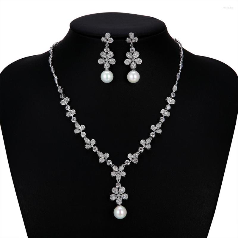 

Necklace Earrings Set CZ Cubic Zirconia Pearls Bridal Wedding Earring For Women Prom Jewelry Accessories CN10267, Picture shown