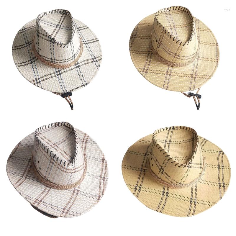 

Berets Classic Cowboy Straw Hat Western Style Lightweight Grid Cap Curved Brim Adjustable Rope For Hiking Walking Lounging Pool, 6ee604683-3