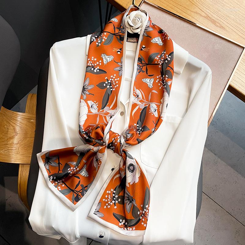 

Scarves Luxury Long Silk Scarf Female Flora Print Thin Narrow Bag Hair Band Ribbon Scarfs Women Neckerchief SJ554