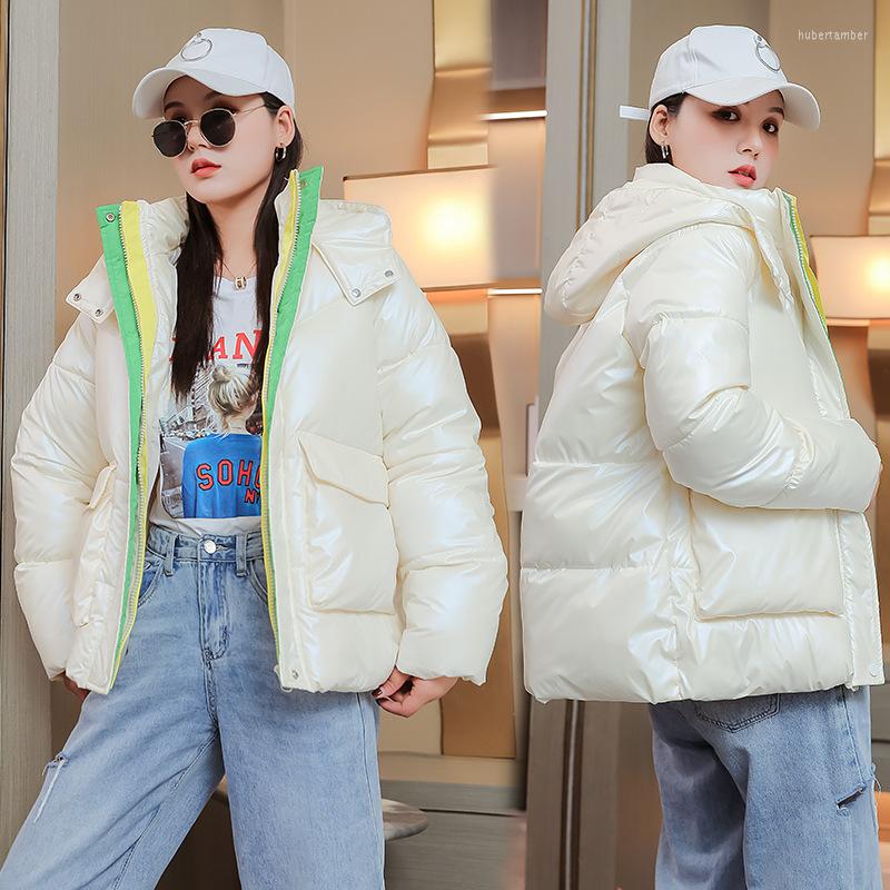 

Women's Down Fashion Color Contrast Loose Hooded Padded Women Winter Jacket Parkas 2022 Short Glossy Cotton Coat, Black